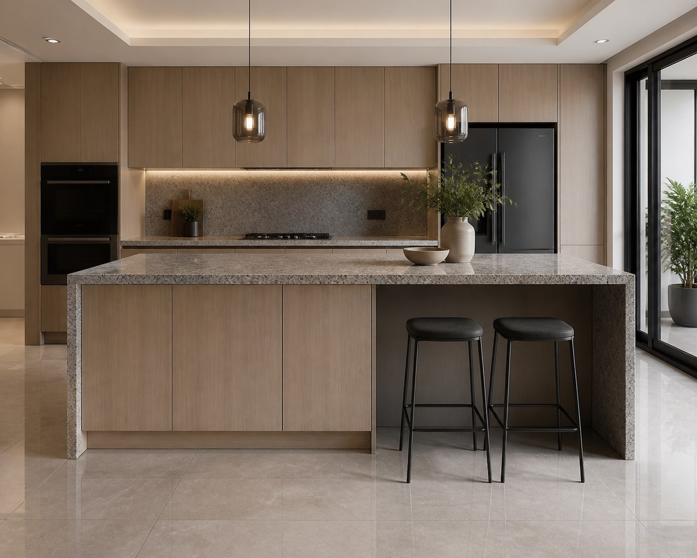 Central Kitchen Island — Option 2 (Cabinets One Side, Open Other)